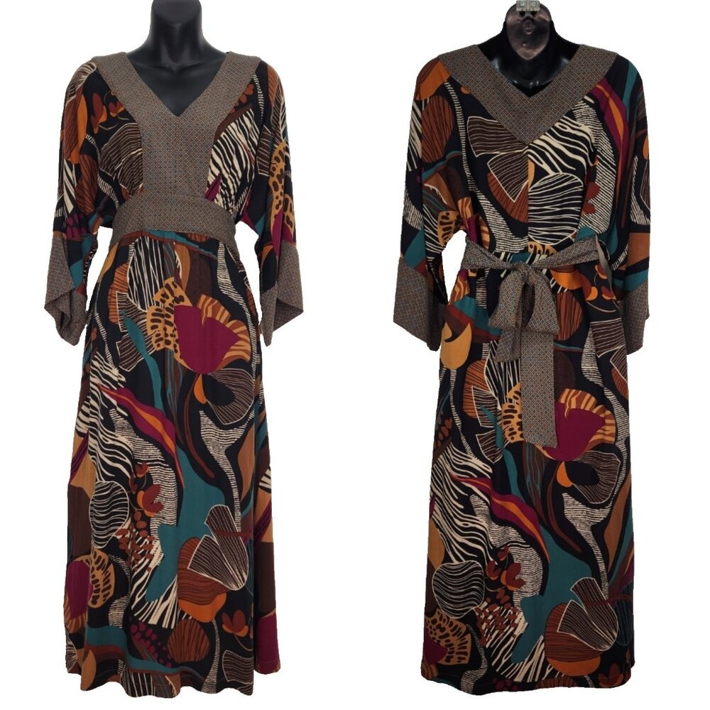 Uncle‎ Frank V-Neck Maxi Dress S Bold Multicolor Print Tie Back Empire Waist